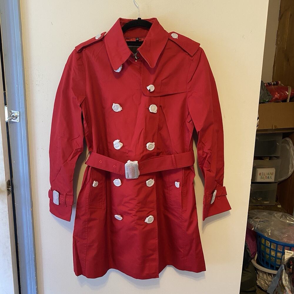 New Women L double-breasted Trendy trench coat Jacket Red Belted Pockets Buttons - Picture 8 of 13
